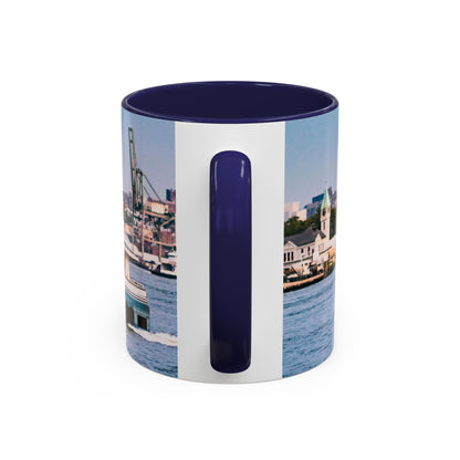 Two Tone 11oz Ceramic, Coffe Mug, Printed with a High-Res Elegant Image of a Boat at the Hudson River, New York.