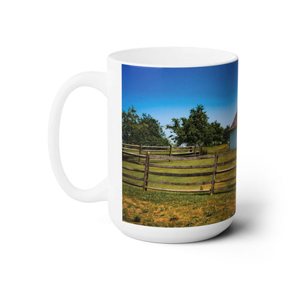 Elegant 15oz Ceramic Coffee Mug printed with a beautiful country side house.