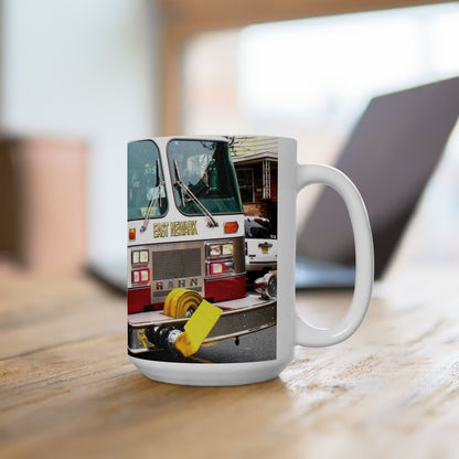 Elegant 15oz Ceramic Coffee Mug with a beautiful image of a fire truck.
