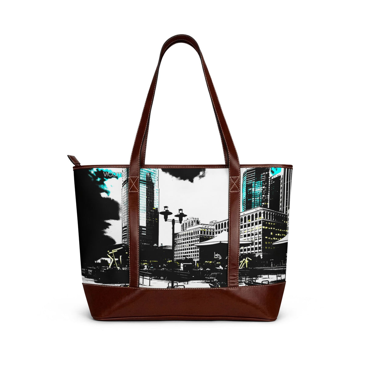 Exchange Place Cityscape Tote Handbag — Modern Urban Skyline Leather-Trim Tote