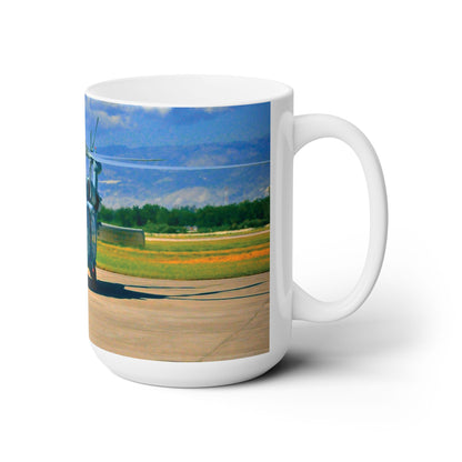 Elegant 15oz Ceramic Coffee Mug printed with a beautiful AH-60 Black Hawk helicopter image.