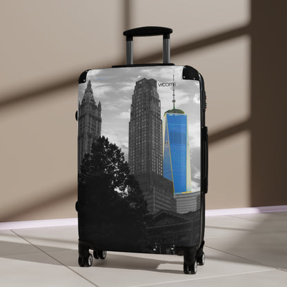 New York Skyline Carry-On Suitcase — Black & White Cityscape with Blue One World Trade Center Accent