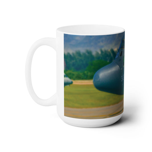 Elegant 15oz Ceramic Coffee Mug with a beautiful image of a C-130 Hercules cargo airplane.