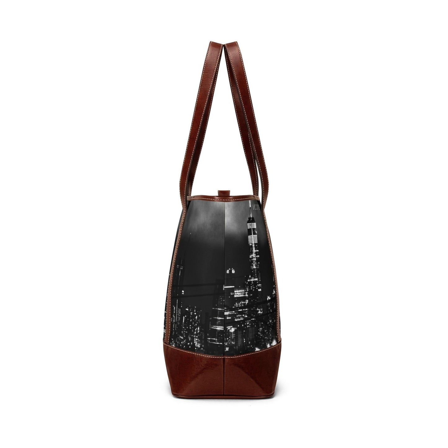 Cityscape Leather-Trim Tote Handbag — Black & White Skyline Travel Tote