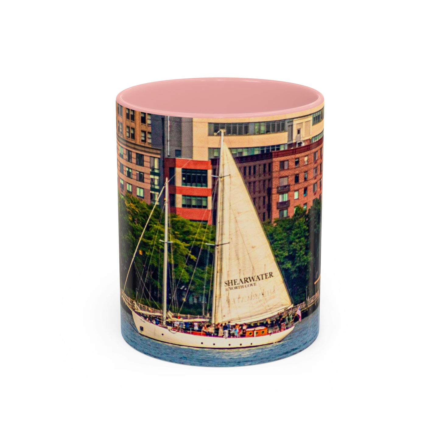 Two Tone Ceramic, 11oz Coffe Mug, Printed with a High-Res Elegant Image of a Saul Boat at the Hudson River, New York.