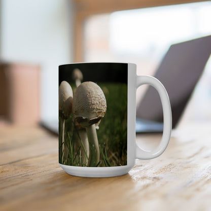 Elegant 15oz Ceramic Coffee Mug with beautiful mushrooms image.