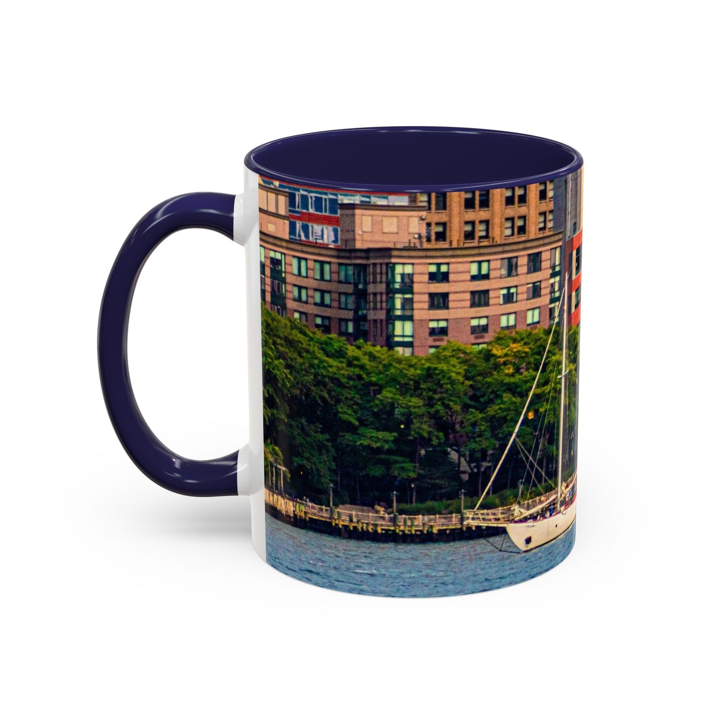 Two Tone Ceramic, 11oz Coffe Mug, Printed with a High-Res Elegant Image of a Saul Boat at the Hudson River, New York.