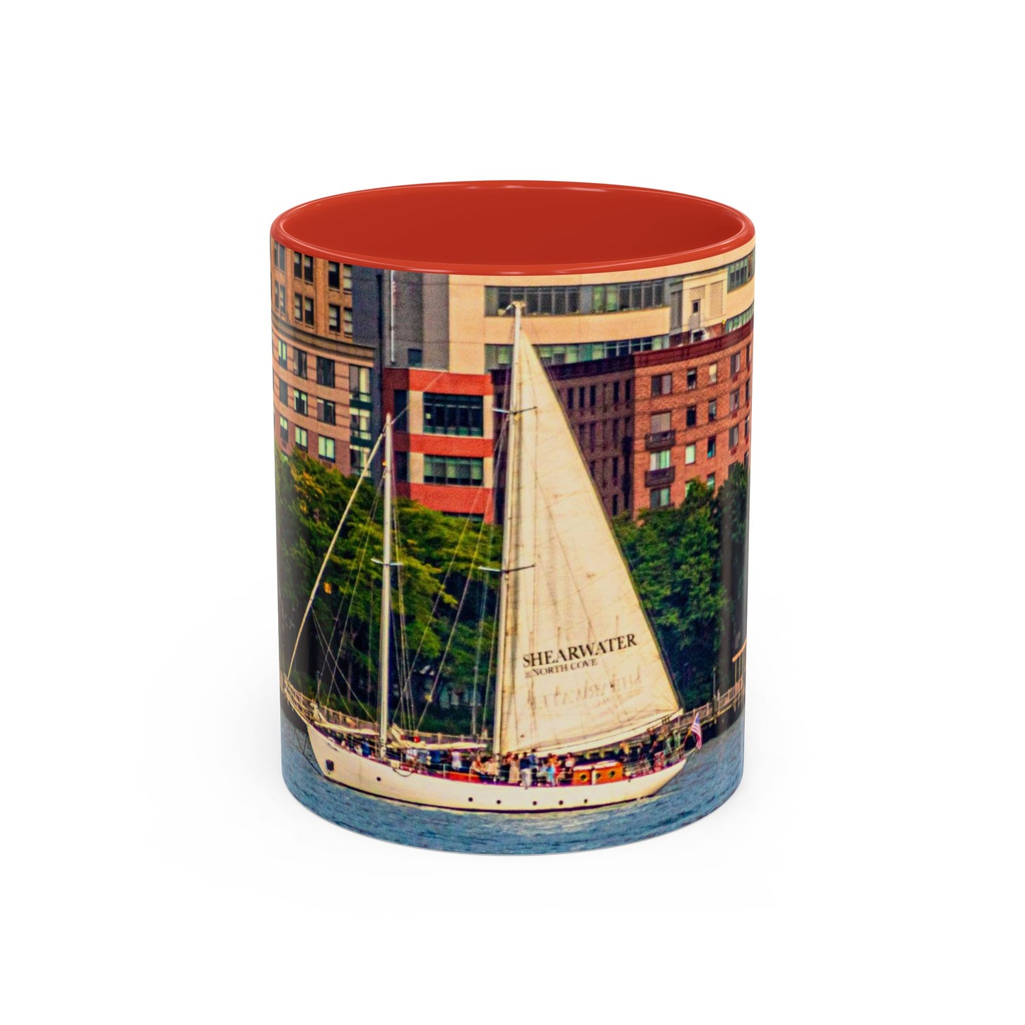 Two Tone Ceramic, 11oz Coffe Mug, Printed with a High-Res Elegant Image of a Saul Boat at the Hudson River, New York.