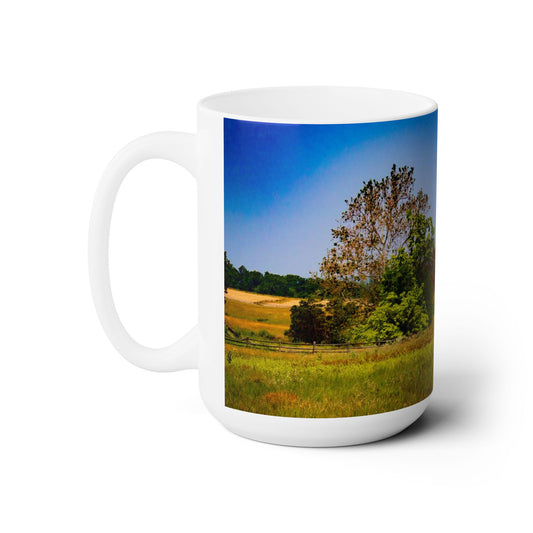 Elegant 15oz Ceramic Coffee Mug printed with a beautiful image of a country side.