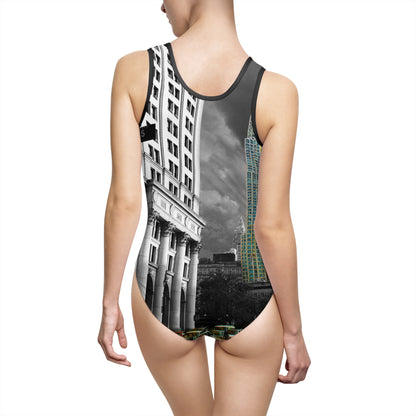 Manhattan Gotham Perspective – Monochromatic Skyline Swimsuit