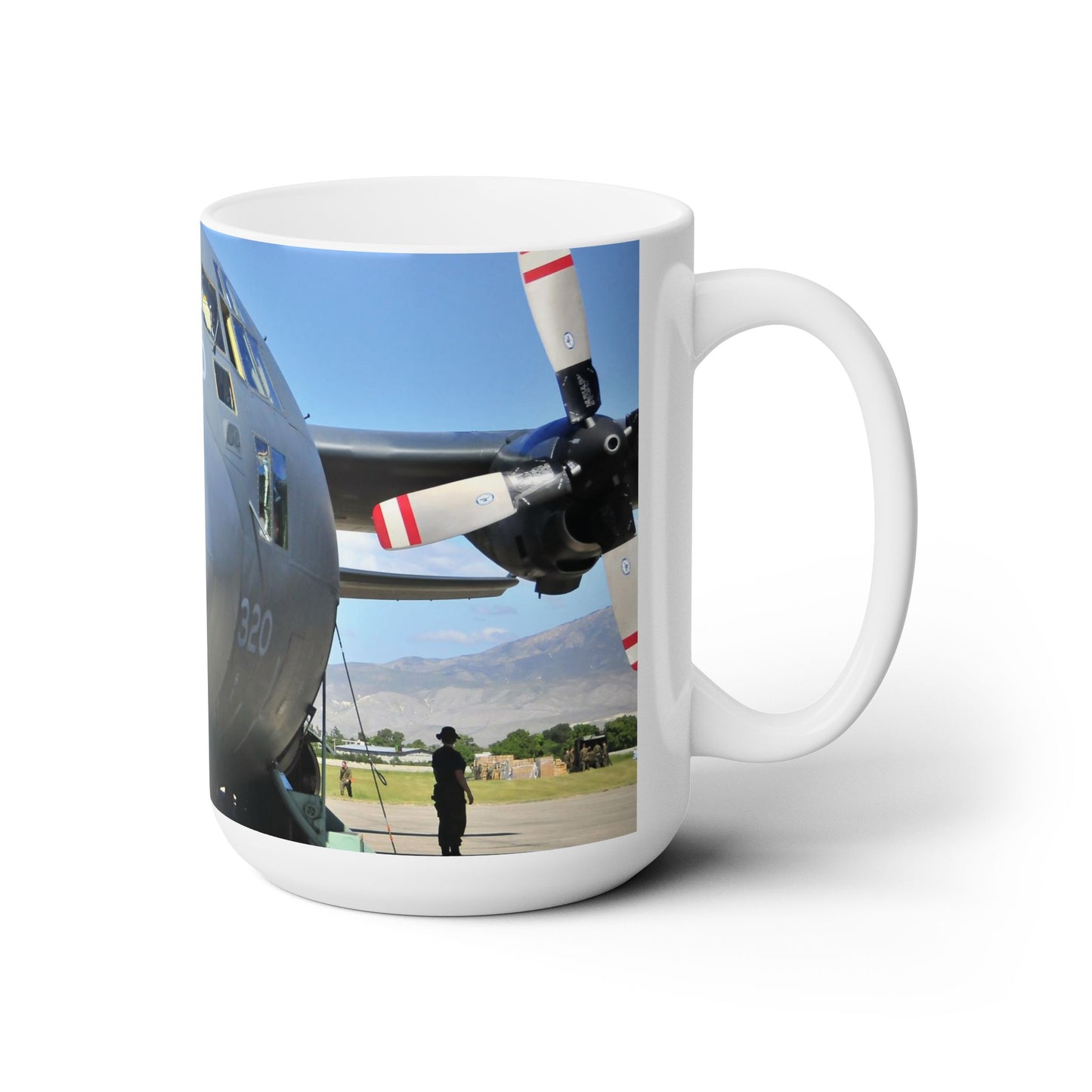 Elegant 15oz Ceramic Coffe Mug Printed with a C-130 Hercules Cargo Plane.