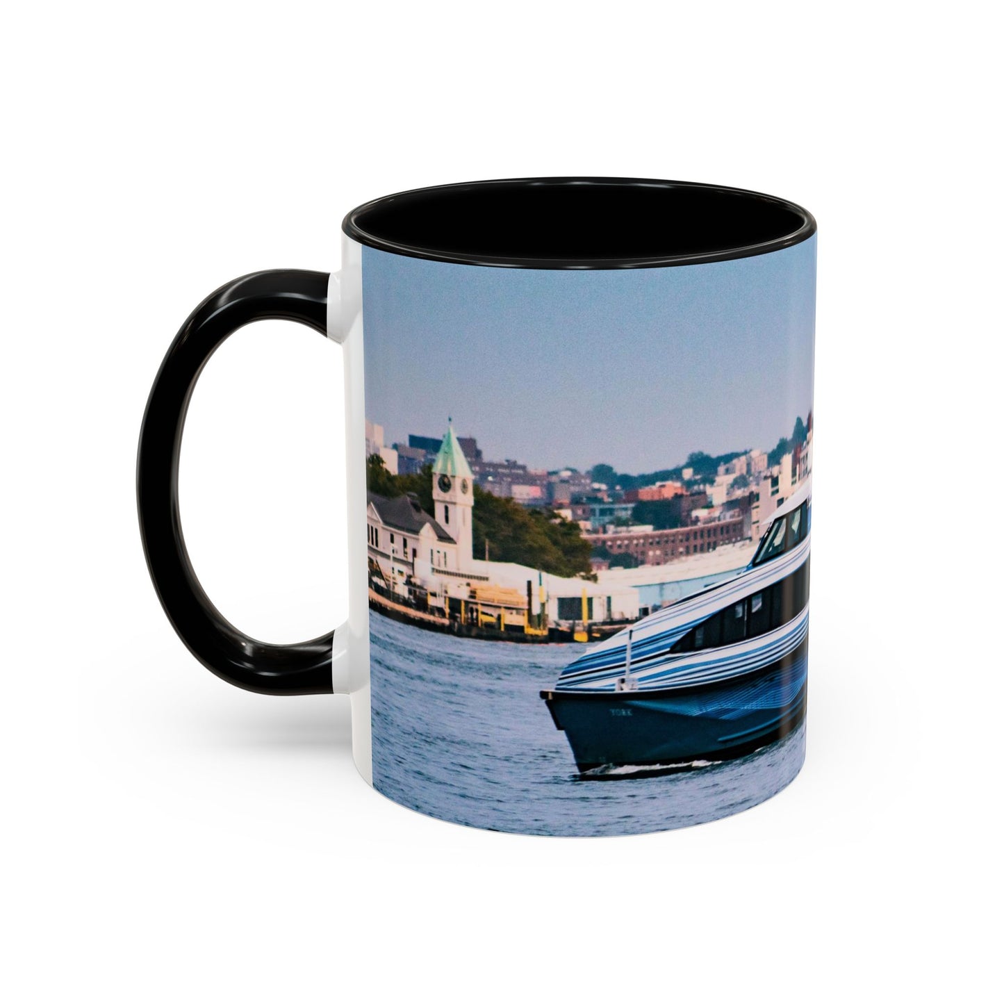 Two Tone 11oz Ceramic, Coffe Mug, Printed with a High-Res Elegant Image of a Boat at the Hudson River, New York.