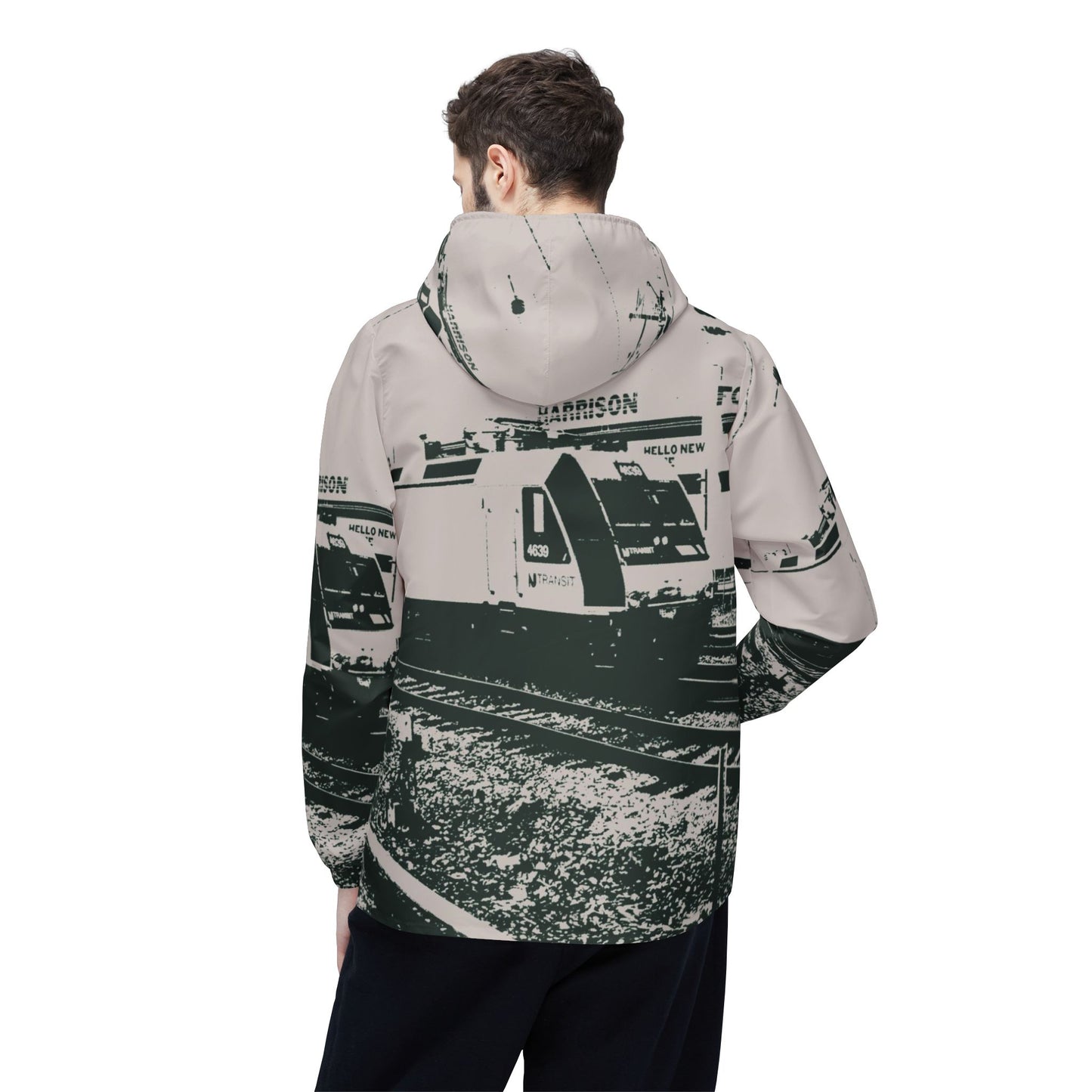 NJ Train Station Windbreaker Jacket — High-Contrast Train