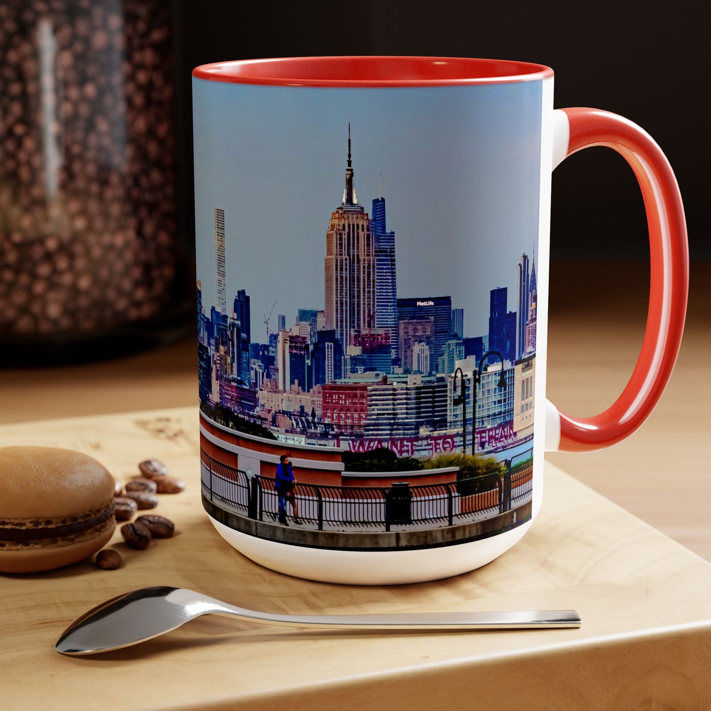 Two Tone Ceramic, 15oz Coffee Mug, Printed with a High-Res Elegant New York Sky Line Image