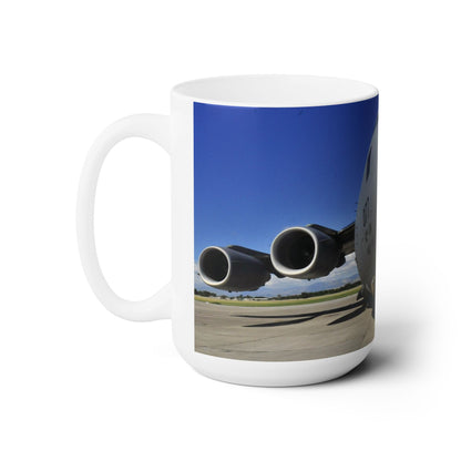Elegant 15oz Ceramic Coffee Mug with a beautiful image of a C-5 Galaxy cargo airplane.