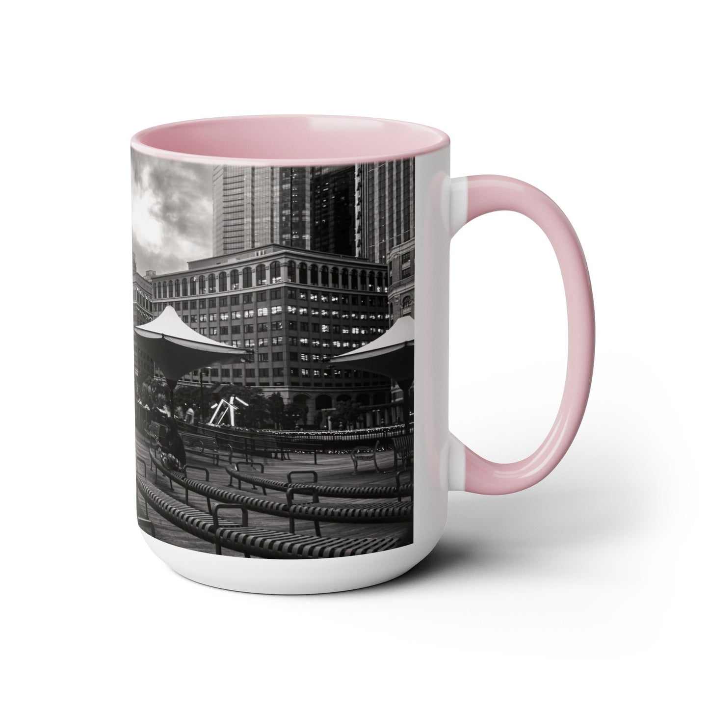 Two Tone 15oz Ceramic, Coffe Mug, Printed with a High-Res Beautifull Urban Landscape.