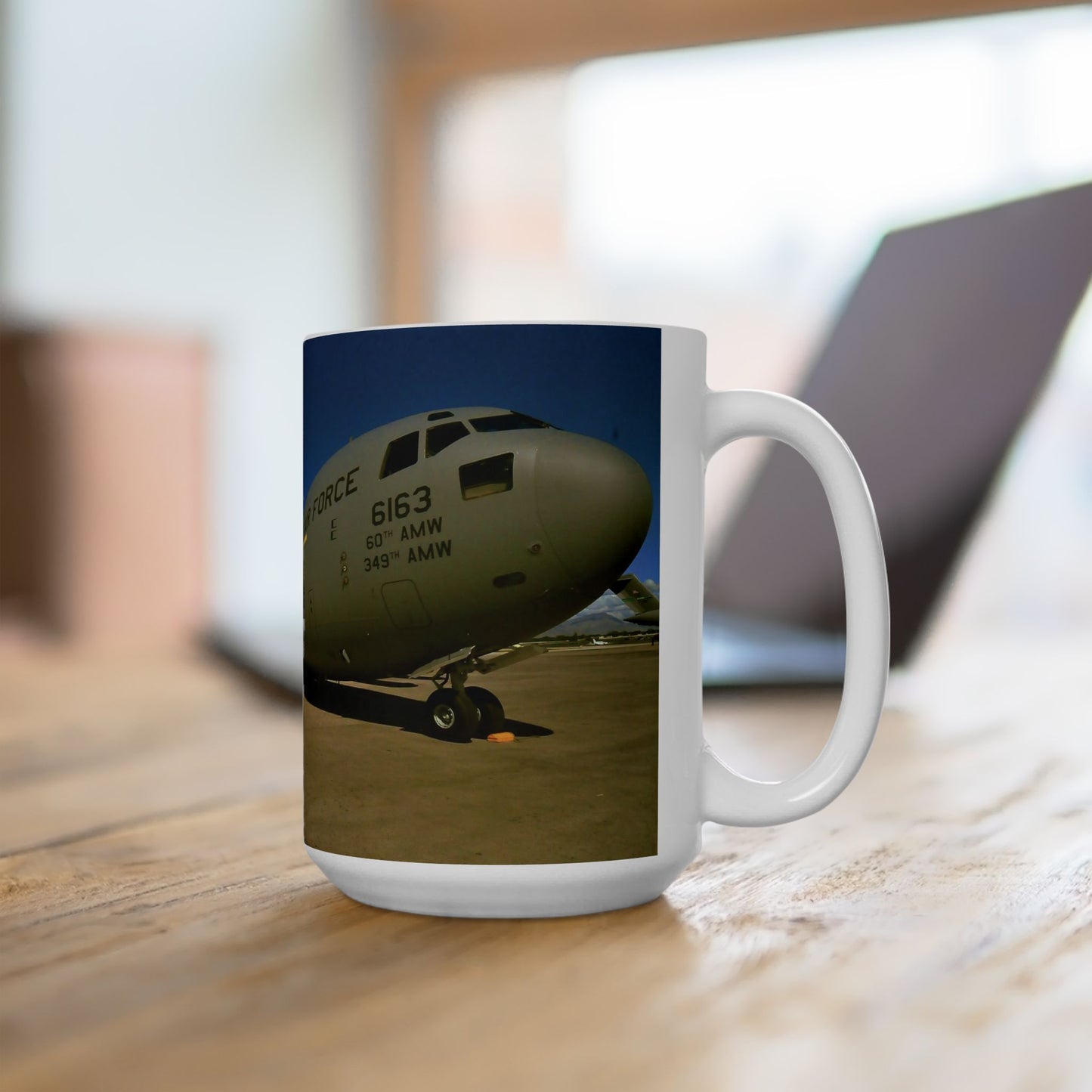 Elegant 15oz Ceramic Coffee Mug printed with a beautiful image of a C-5 Galaxy cargo plane.