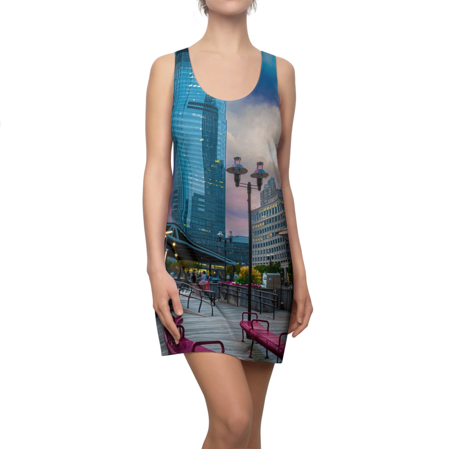 J Owen Grundy Park Skyline Racerback Dress — City Park to Glass Skyscraper Print