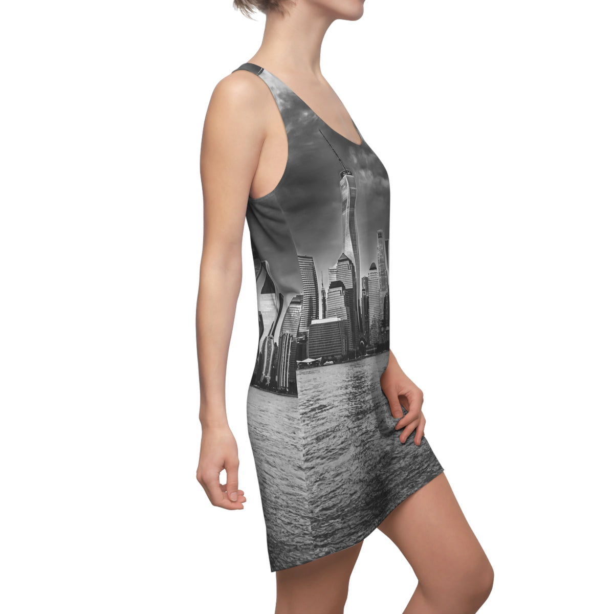 City Skyline Racerback Dress — Black & White New York Waterfront Print