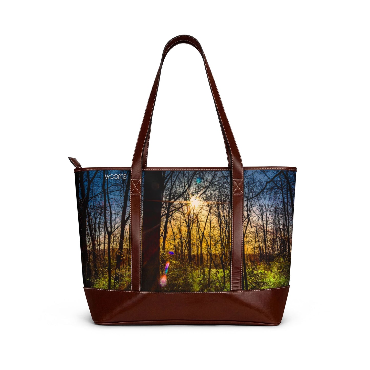Sunlit Forest Handbag – Scenic Nature Tote Bag with Sunrise Trees Print