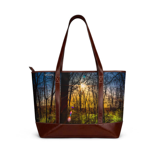Sunlit Forest Handbag – Scenic Nature Tote Bag with Sunrise Trees Print