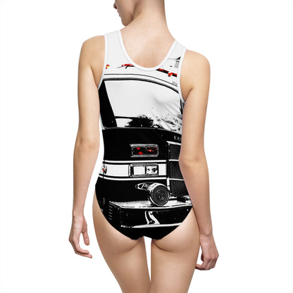 Classic Fire Truck Black & White One-Piece Swimsuit — Retro Automotive Print