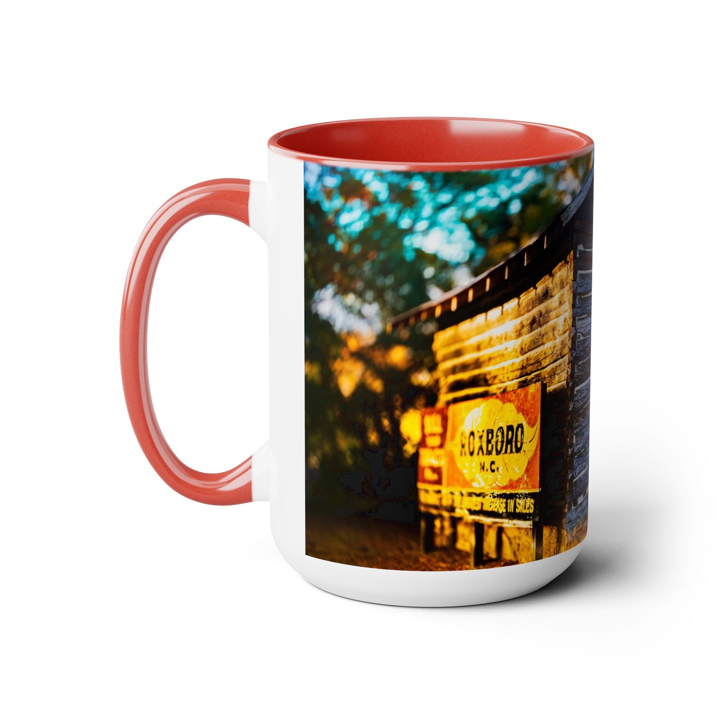 Two Tone Ceramic, 15oz Coffee Mug, Printed with a High-Res Beautiful Roxboro, NC Country Landscape.