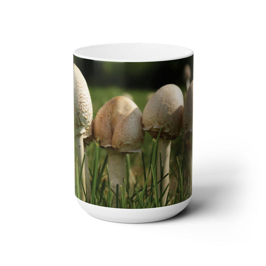 Elegante taza de café de cerámica de 15 oz con una hermosa imagen de hongos.