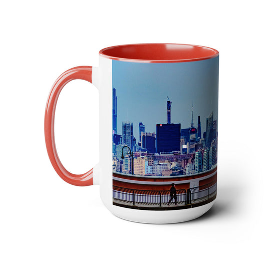 Two Tone Ceramic, 15oz Coffee Mug, Printed with a High-Res Elegant New York Sky Line Image