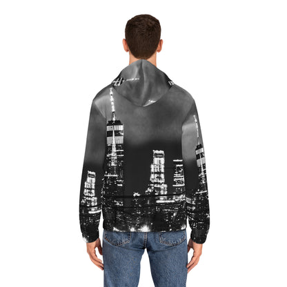 City Skyline Full-Zip Hoodie — Black & White Nightscape