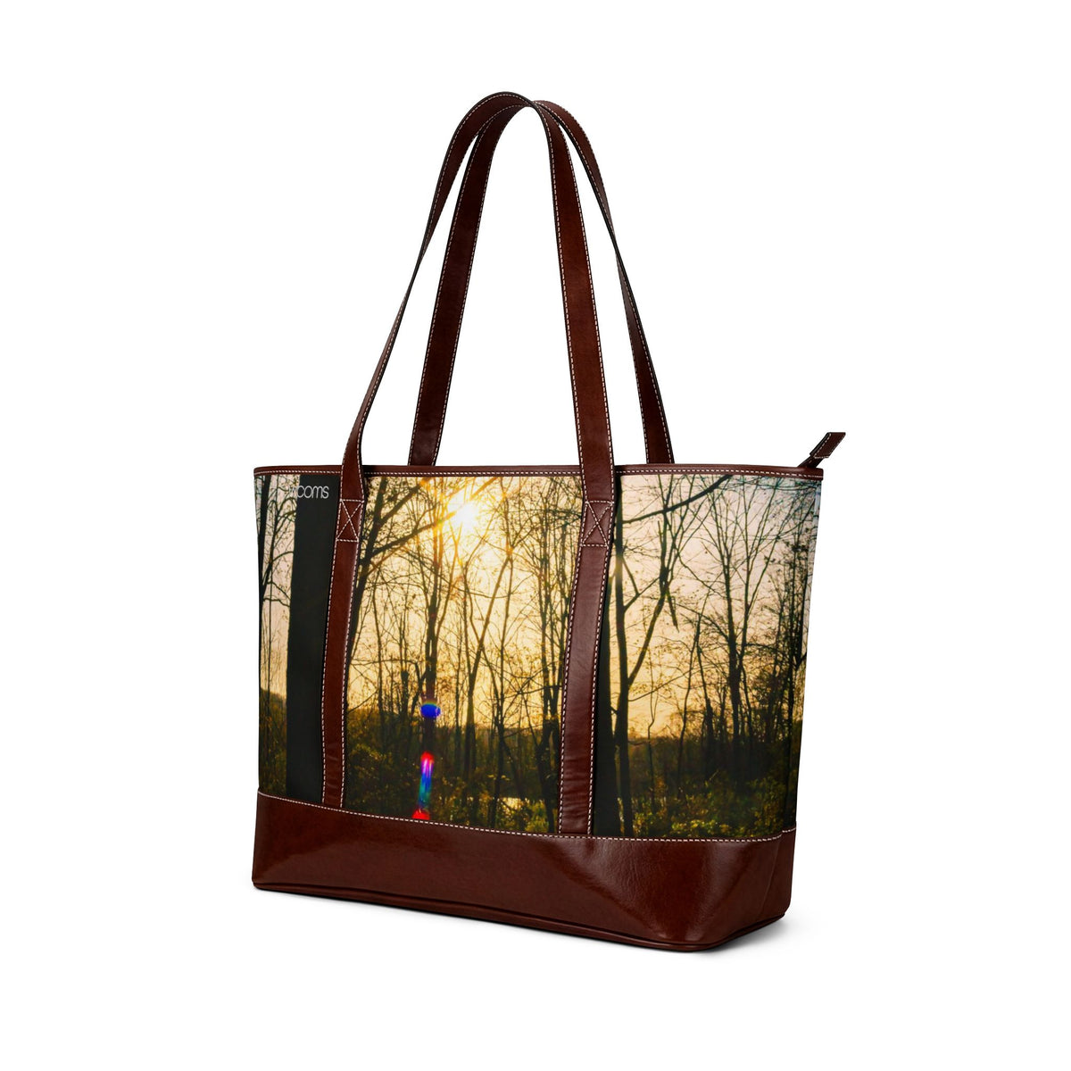 Sunlit Forest Leather-Trim Handbag — Nature Tote with Lens Flare