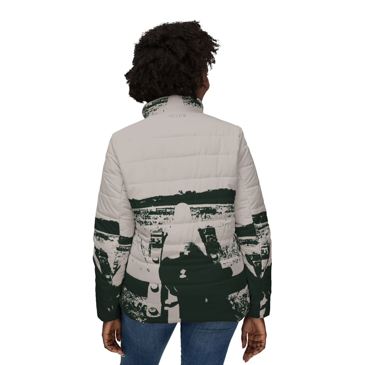 Women’s Puffer Jacket – Vintage Black-and-White Winter Landscape Design