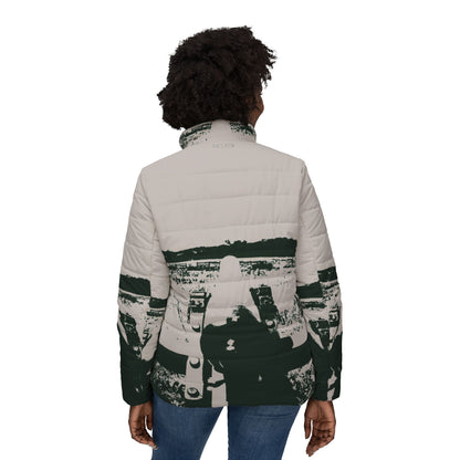 Women’s Puffer Jacket – Vintage Black-and-White Winter Landscape Design