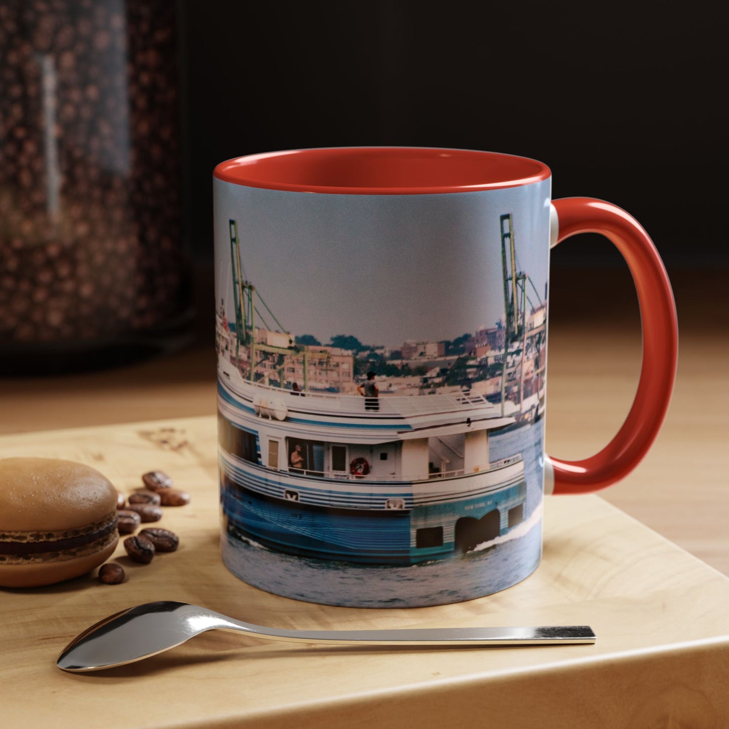 Two Tone 11oz Ceramic, Coffe Mug, Printed with a High-Res Elegant Image of a Boat at the Hudson River, New York.