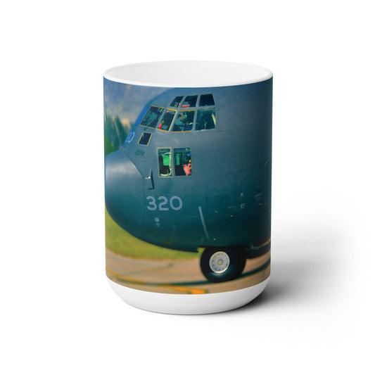 Elegant 15oz Ceramic Coffee Mug with a beautiful image of a C-130 Hercules cargo airplane.