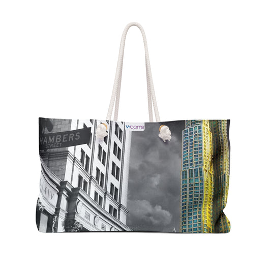 Cityscape Weekender Bag – Black & White Downtown with Colorful Skyscraper