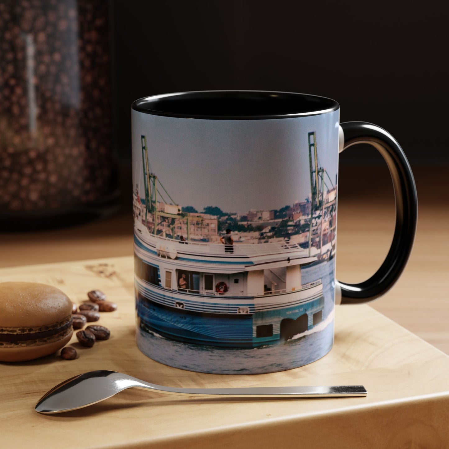 Two Tone 11oz Ceramic, Coffe Mug, Printed with a High-Res Elegant Image of a Boat at the Hudson River, New York.