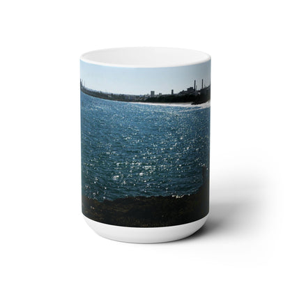 Elegant 15oz Ceramic Coffee Mug with a beautiful sea coast at sunset image.