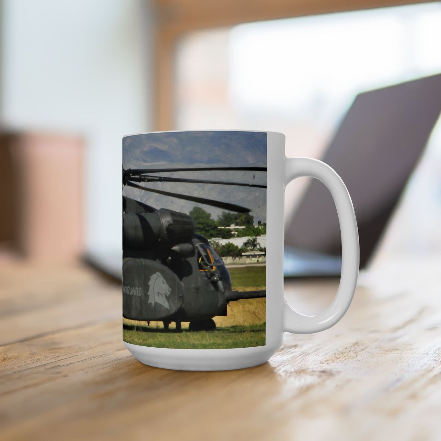 Beautifull 15oz Ceramic Coffe Mug with an original, High-Res, Full Color Image of a Military Helicopter.