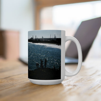 Elegant 15oz Ceramic Coffee Mug with a beautiful sea coast at sunset image.