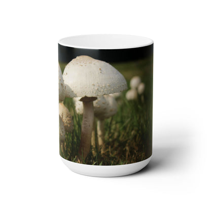 Elegant 15oz Ceramic Coffee Mug with a beautiful mushroom image.