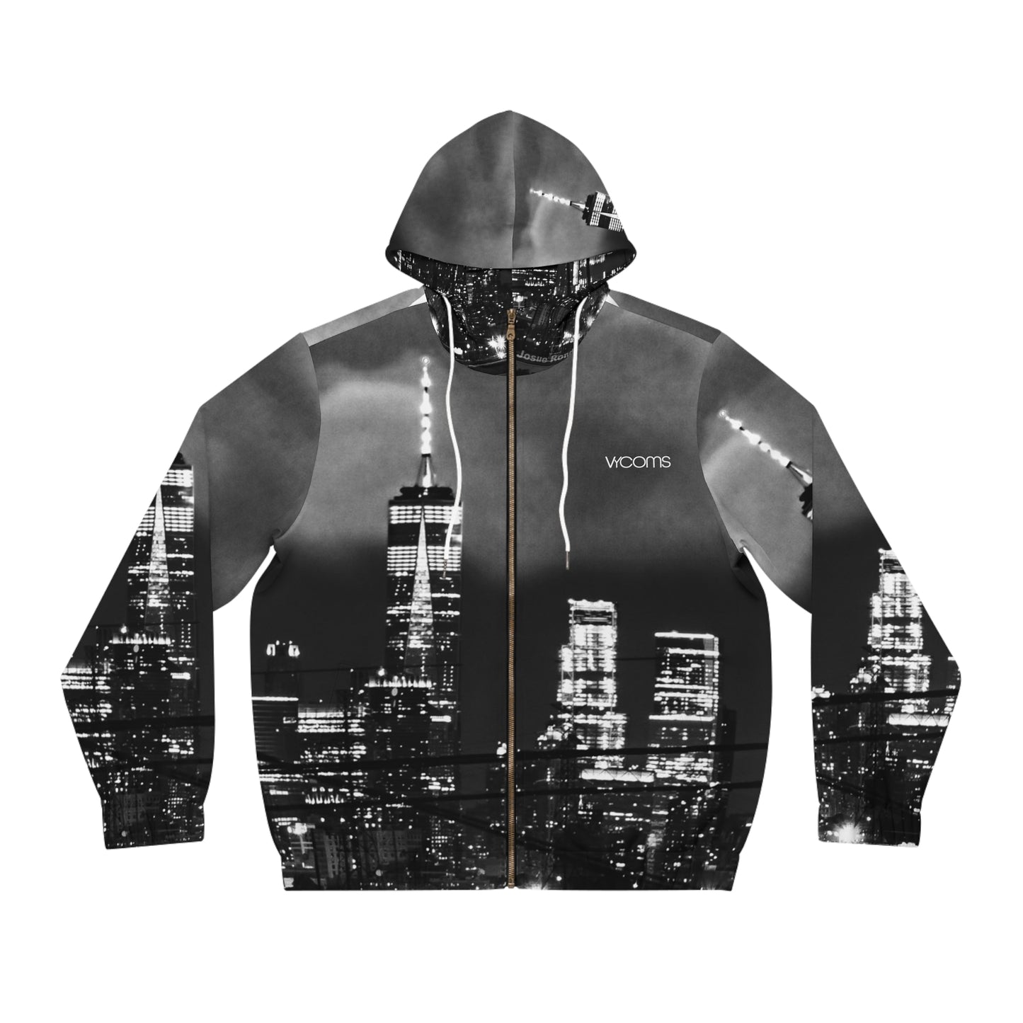 City Skyline Full-Zip Hoodie — Black & White Nightscape