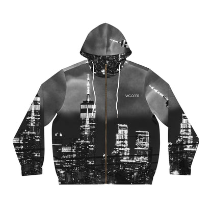 City Skyline Full-Zip Hoodie — Black & White Nightscape