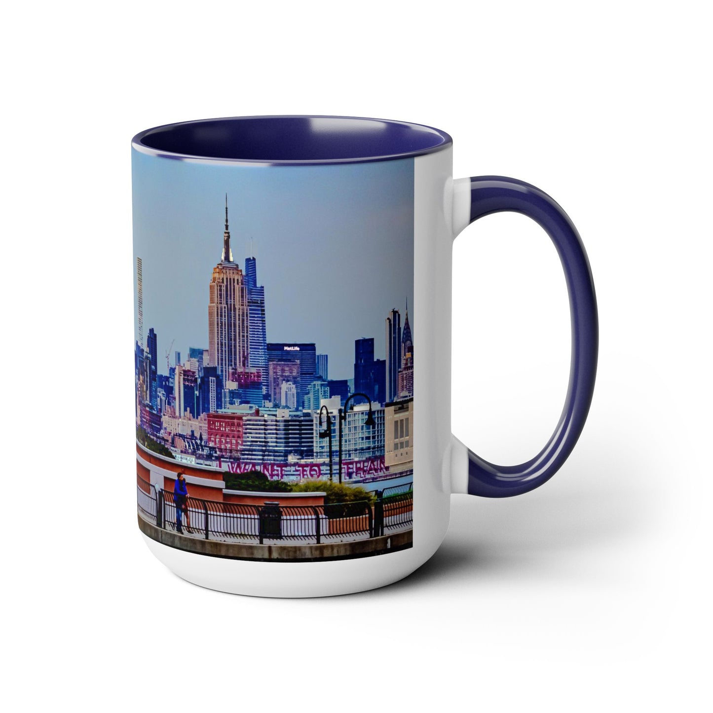 Two Tone Ceramic, 15oz Coffee Mug, Printed with a High-Res Elegant New York Sky Line Image