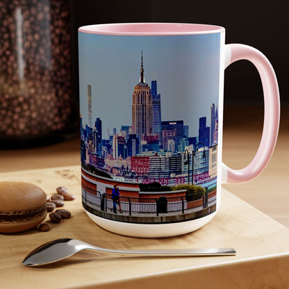 Two Tone Ceramic, 15oz Coffee Mug, Printed with a High-Res Elegant New York Sky Line Image