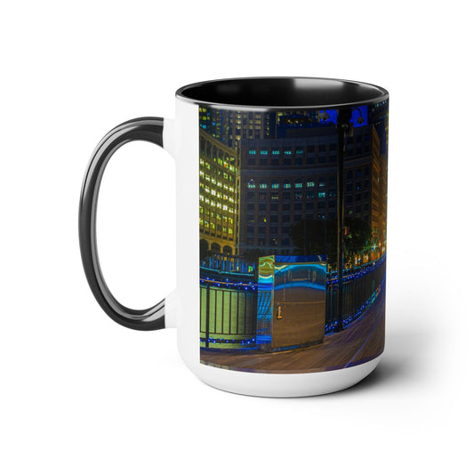 Two Tone, 15oz Ceramic Coffee Mug, Printed with a High-Res Beautiful Urban Landscape from Exchange Place, New Jersey.