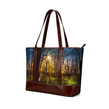 Sunlit Forest Handbag – Scenic Nature Tote Bag with Sunrise Trees Print