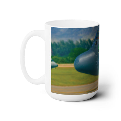 Elegant 15oz Ceramic Coffee Mug with a beautiful image of a C-130 Hercules cargo airplane.