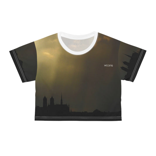 Sunset Cityscape Crop Tee — Moody Skyline Graphic Top