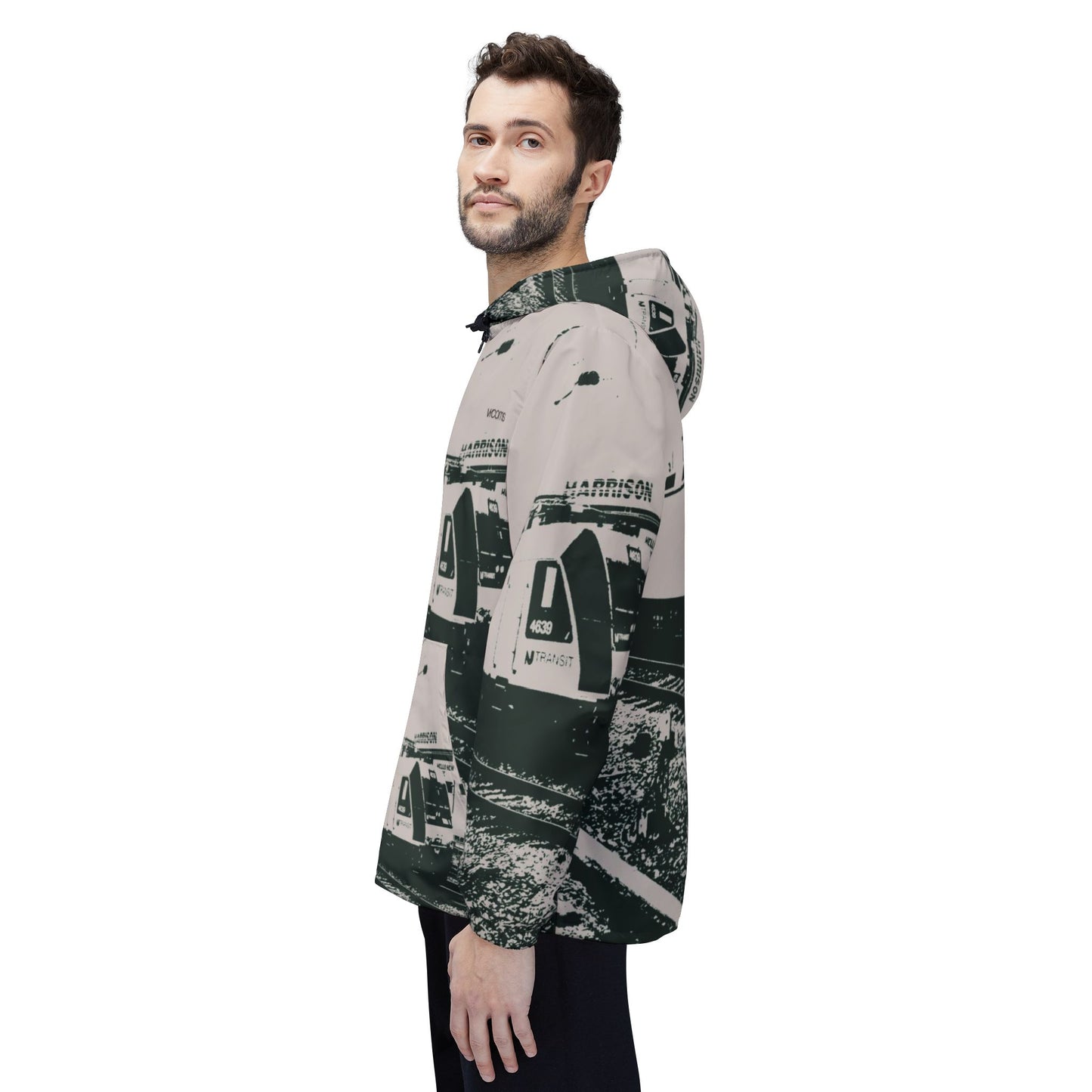 NJ Train Station Windbreaker Jacket — High-Contrast Train